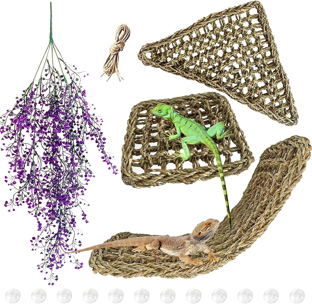 Reptile Hammock,Large Lizard Lounger,Bearded Dragon Tank Accessories Natural Seagrass Hammocks Hanging Flexible Climbing Vines Decoration for Gecko Snakes Chameleon(4 PCS)