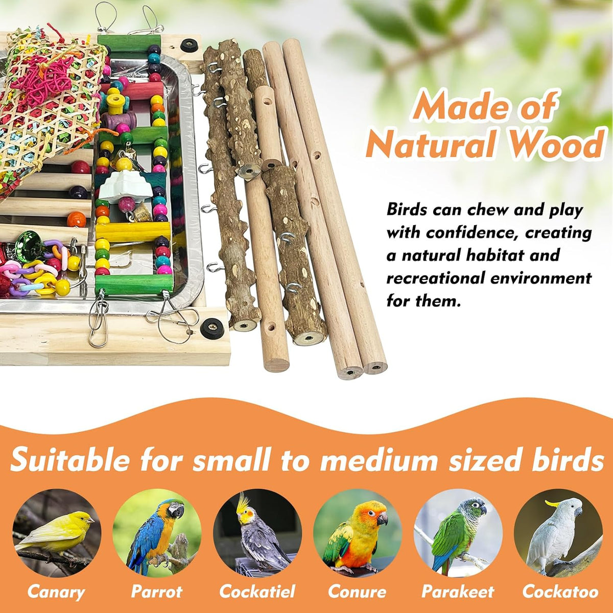 Parrot Play Stand Parakeet Playground Bird Jungle Gym Wood Conure Playstand Hanging Chewing Toys with Feeder Cups and Swings Bird Cage Accessories for Cockatiel Lovebirds Budgie