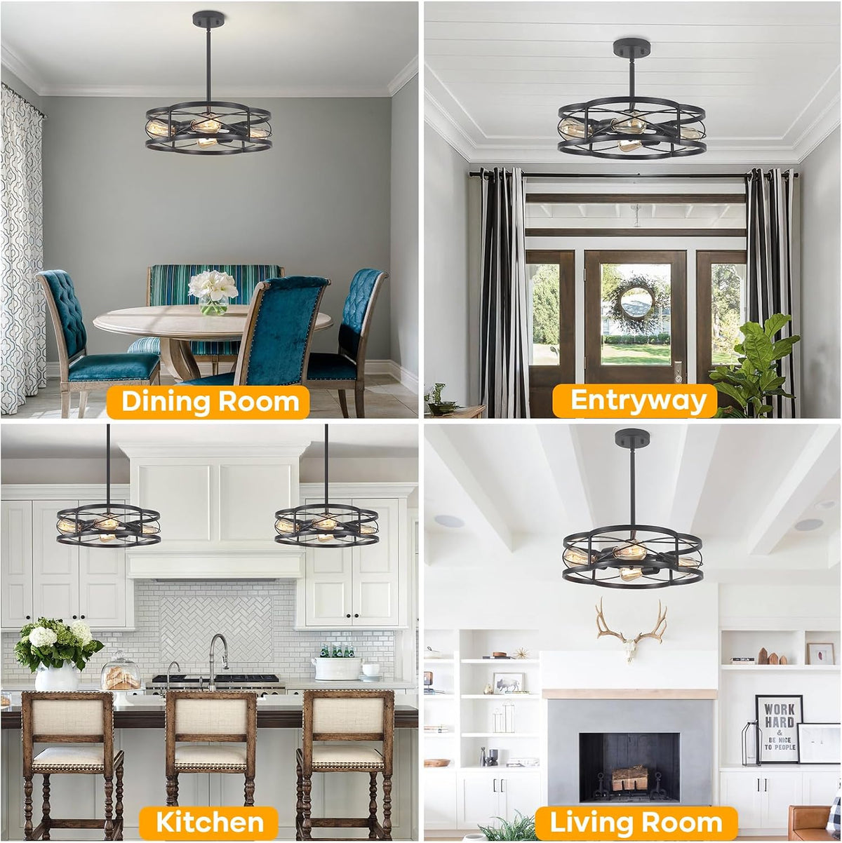 Black Semi Flush Mount Ceiling Lights, Sloped Dining Room Light Fixture Farmhouse Chandelier, Kitchen Island Pendant Lighting Adjustable Height for Entryway Hallway Foyer