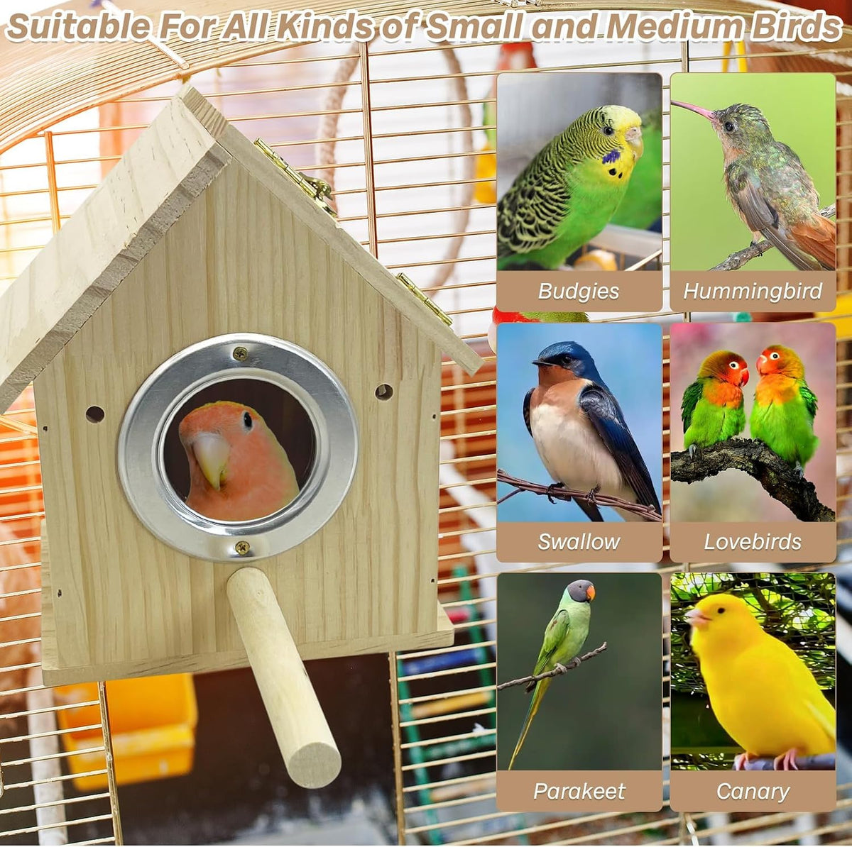 PINVNBY Parakeet Nesting Box Wooden Bird House for Cage Parrot Breeding Mating Box for Lovebirds Cockatiel Finch Cockatoo Canary and Small and Medium-Sized Birds (M: 7.91 * 6.3 * 5.82 inch)