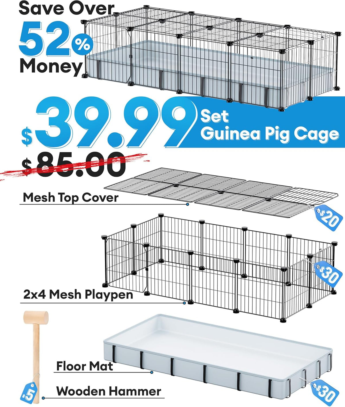 Guinea Pig Cages for 2 with Floor Mat, 20 Panels Guinea Pigs Playpen 47"