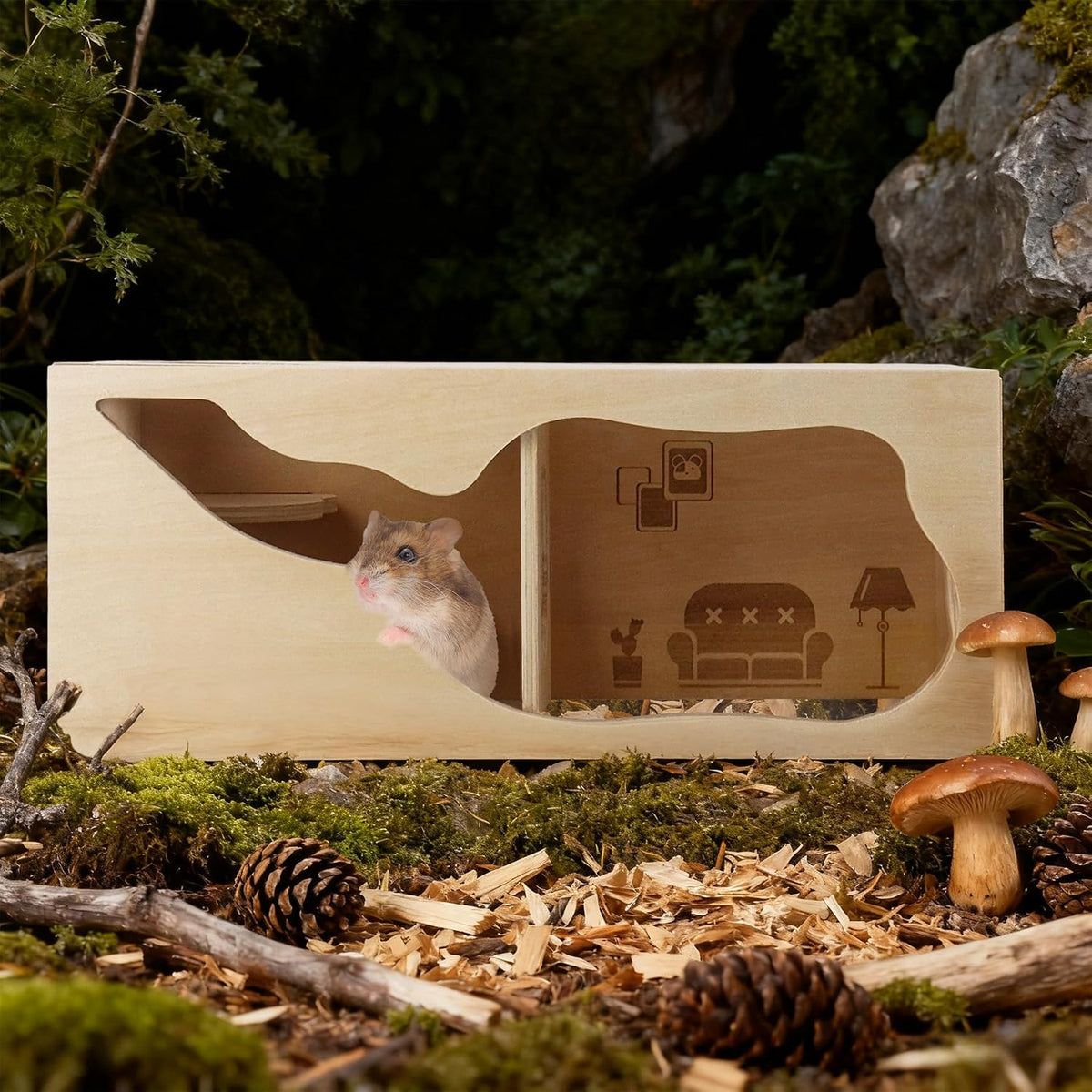 2Pcs Hamster House and Tunnel, Wooden Exploring Tunnel with Ladder, Small Animal Playground Exploring Toys for Syrian Dwarf Hamsters Gerbils Guinea Pig(Style1)