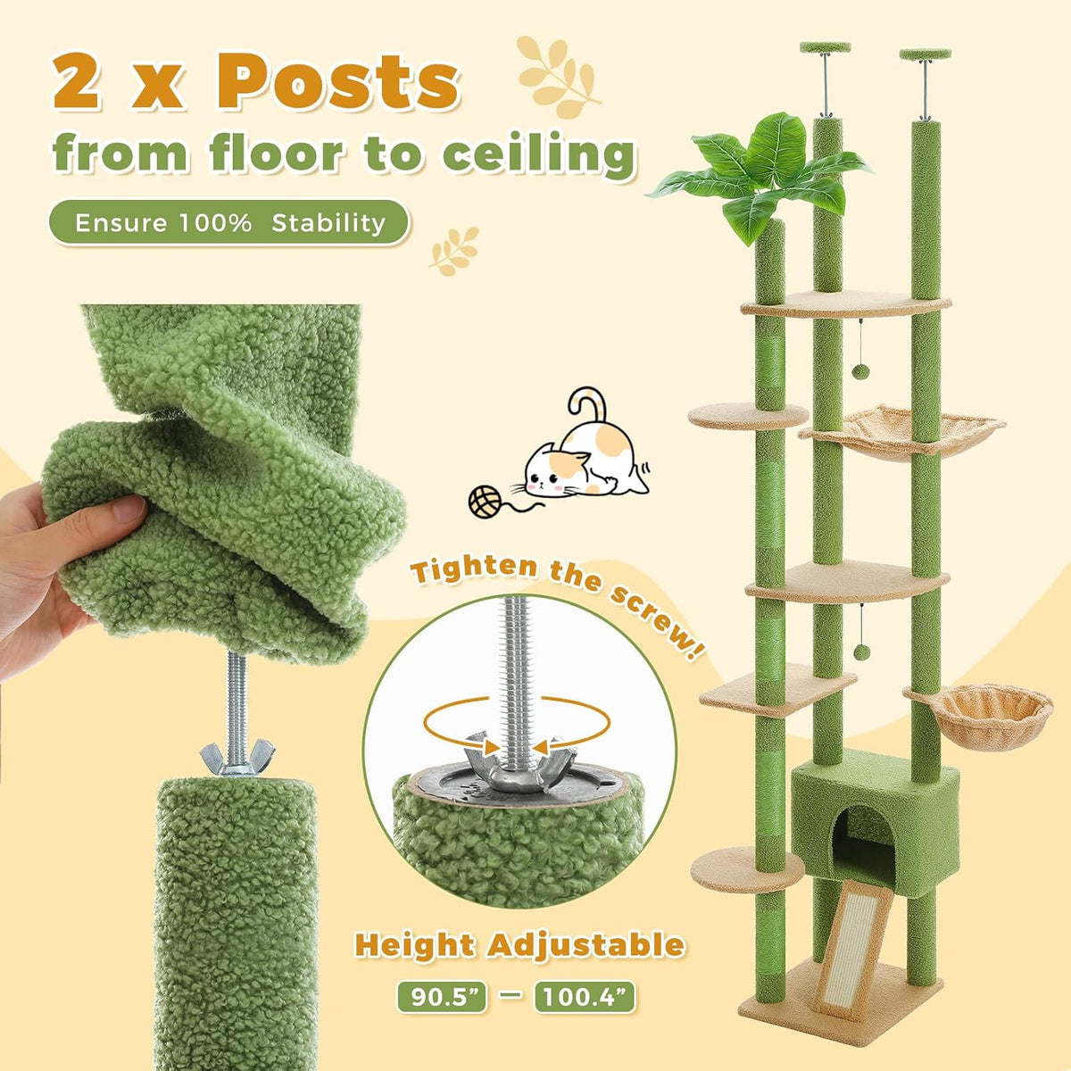 PEQULTI Floor to Ceiling Cat Tree, Height Adjustable 90.5-100.4'', Green
