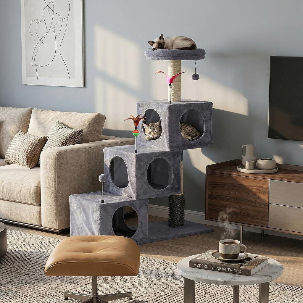 Cat Tree Tower for Indoor Cats 12lbs, Cat Tree with 3 Spacious Cat Houses & Condos, Full Sisal Scratching Posts and Cat Scratcher Toys，Grey