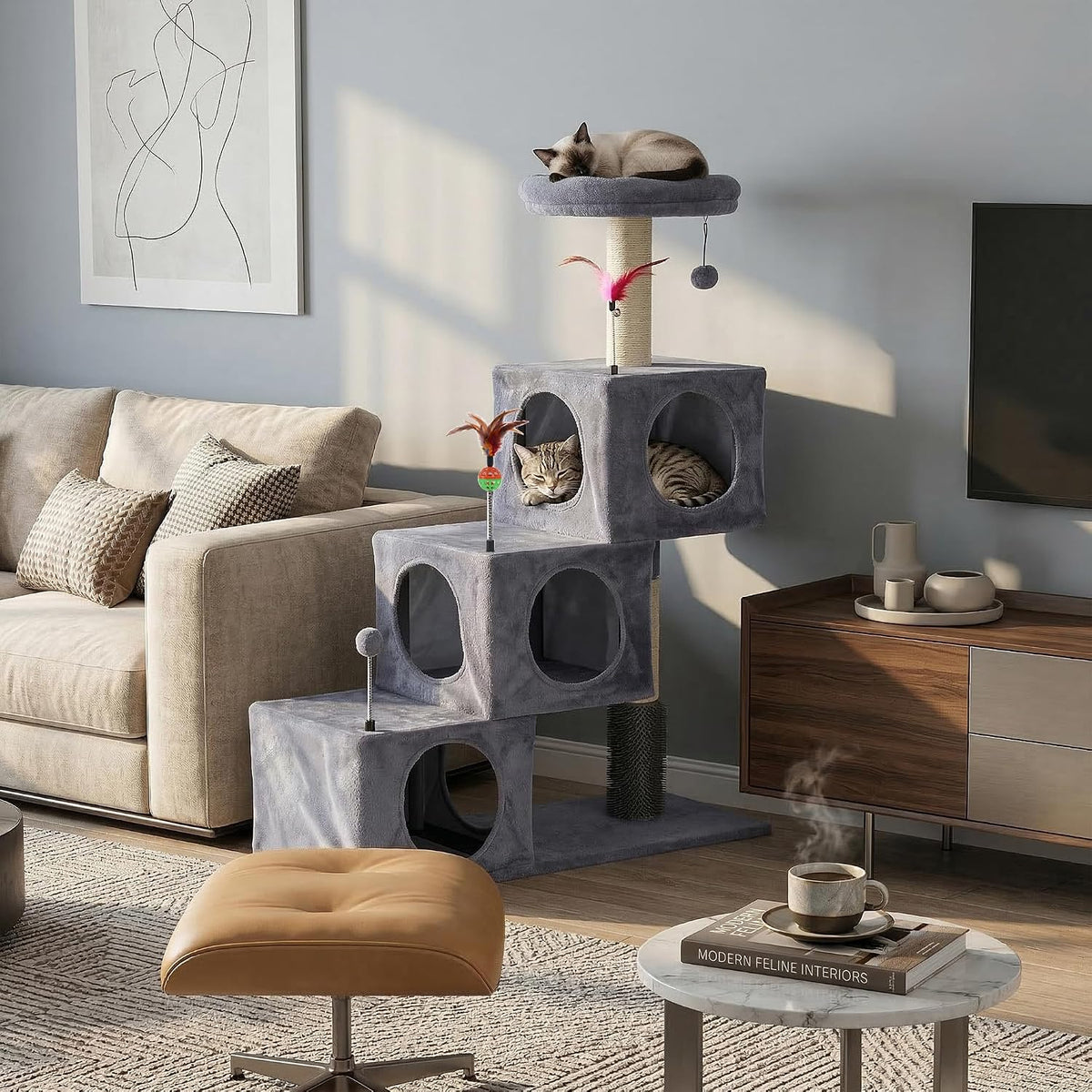 Cat Tree Tower for Indoor Cats 12lbs, Cat Tree with 3 Spacious Cat Houses & Condos, Full Sisal Scratching Posts and Cat Scratcher Toys，Grey