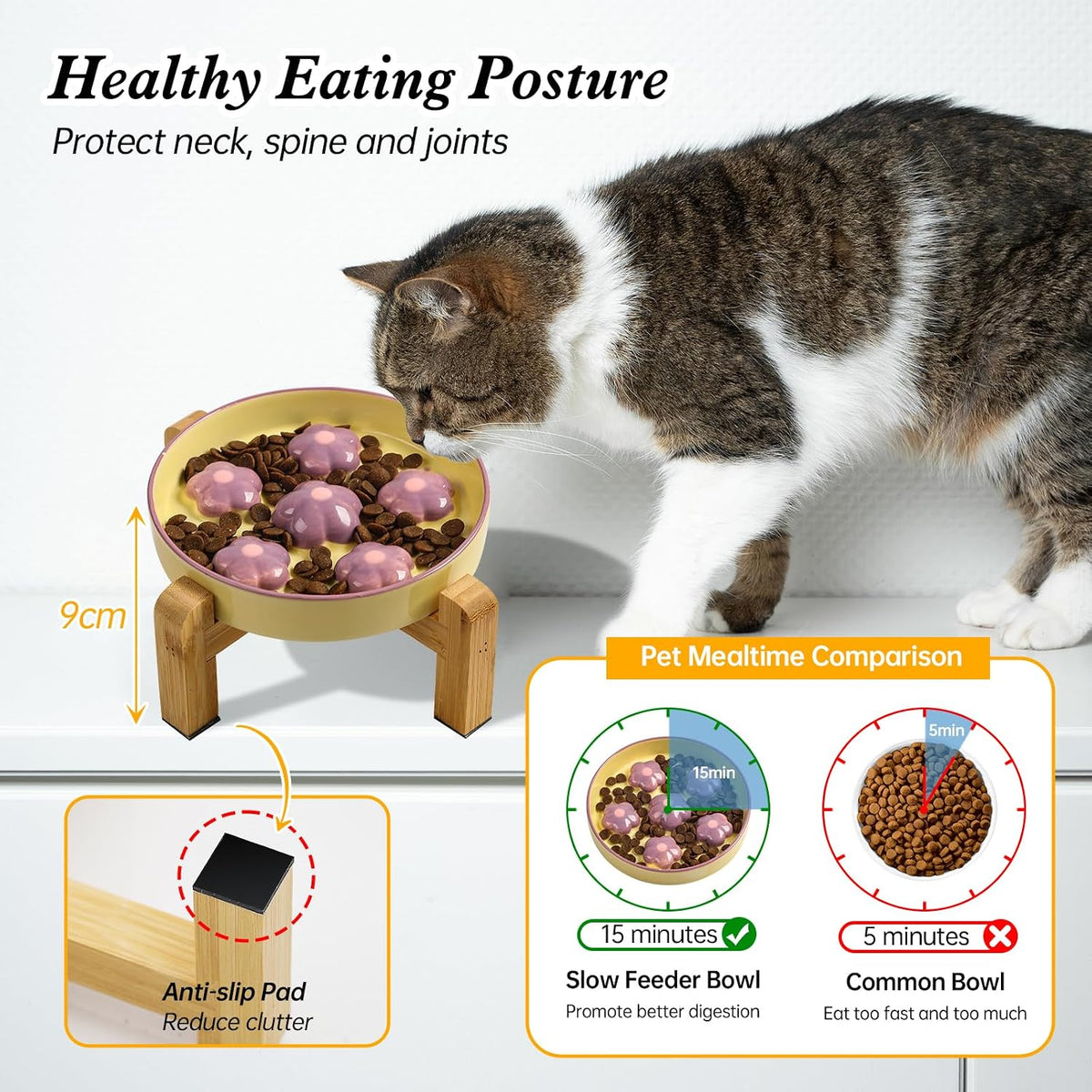 Elevated Ceramic Slow Feeder Cat Bowl with Anti-Slip Bamboo Stand