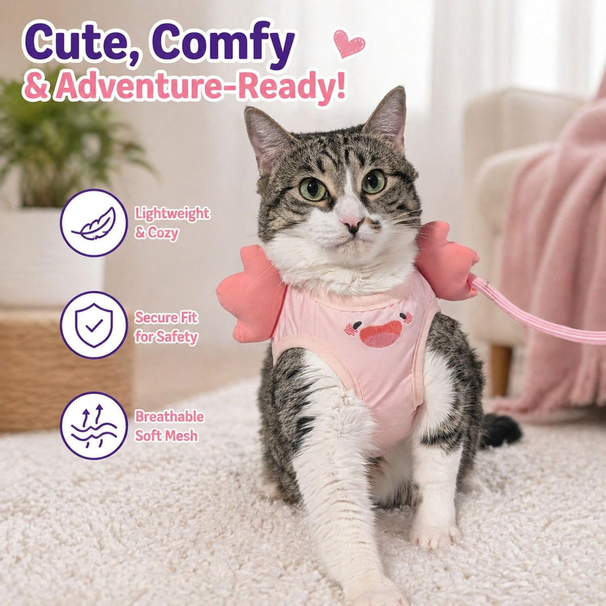 Cat Harness and Leash Set, Step-in Mesh Vest, Pink Axolotl, Small