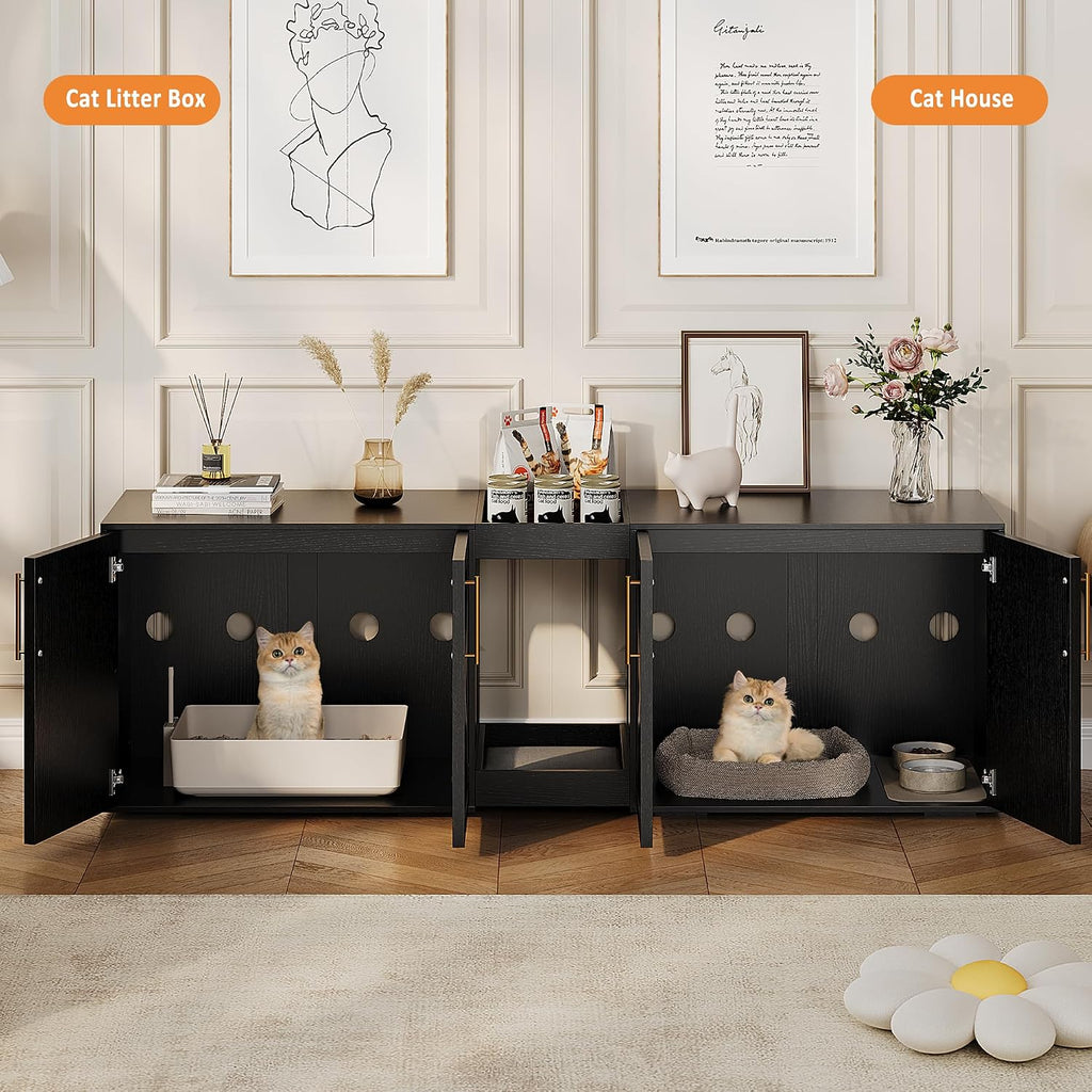 Modern Double Room Cat Litter Box Enclosure for Two Cats – Large Wooden Hidden Cat Washroom Cabinet with Storage Shelf & Soft Cushion – Multi-Functional End Table or TV Stand – Black