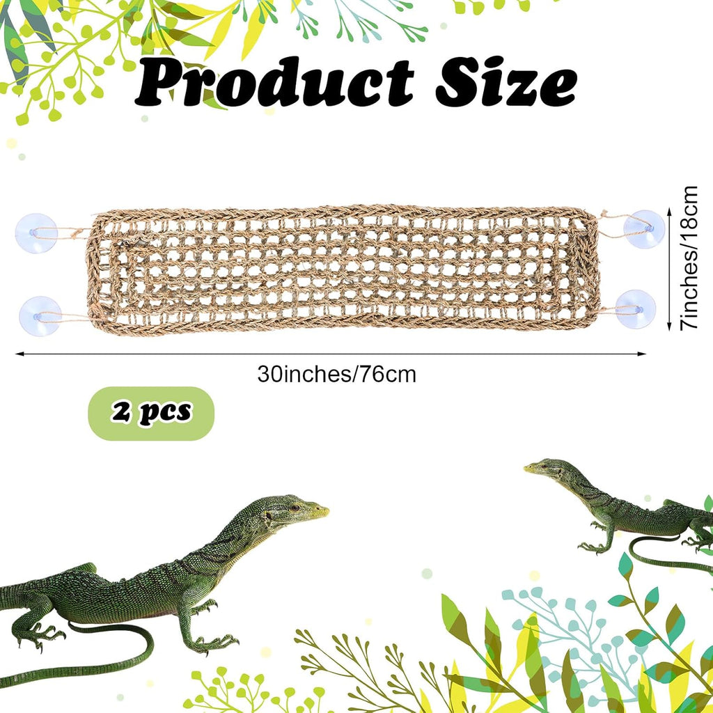 2 Pcs Bearded Dragon Hammock Reptile Lounger, Natural Seagrass Climbing Habitat Decor with Jungle Theme for Lizards, Geckos, Snakes, Iguanas, Amphibians and Terrarium