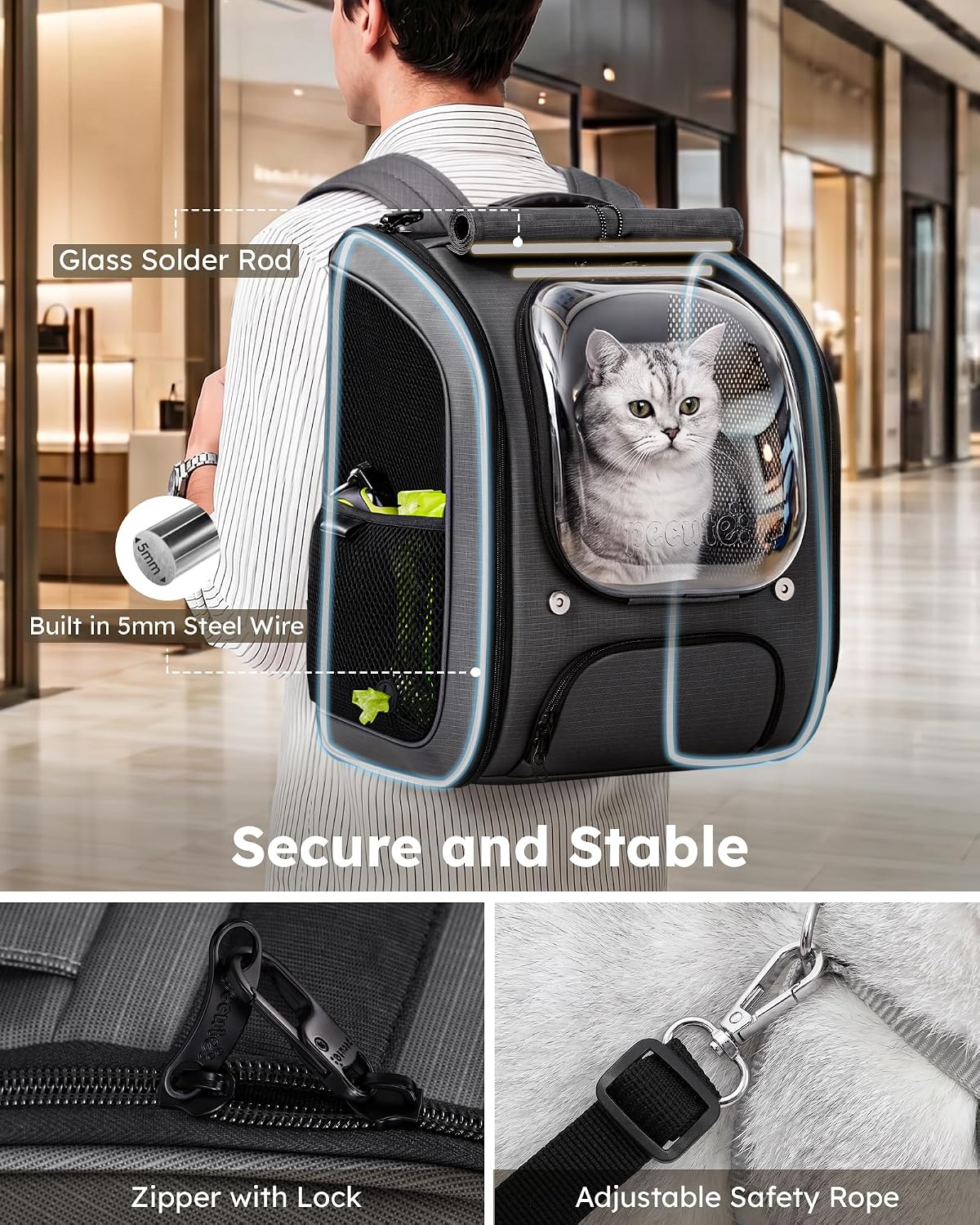 Pecute Cat Backpack Carrier,TPU Leather Dog Backpack,Ergonomic,Dark Gray
