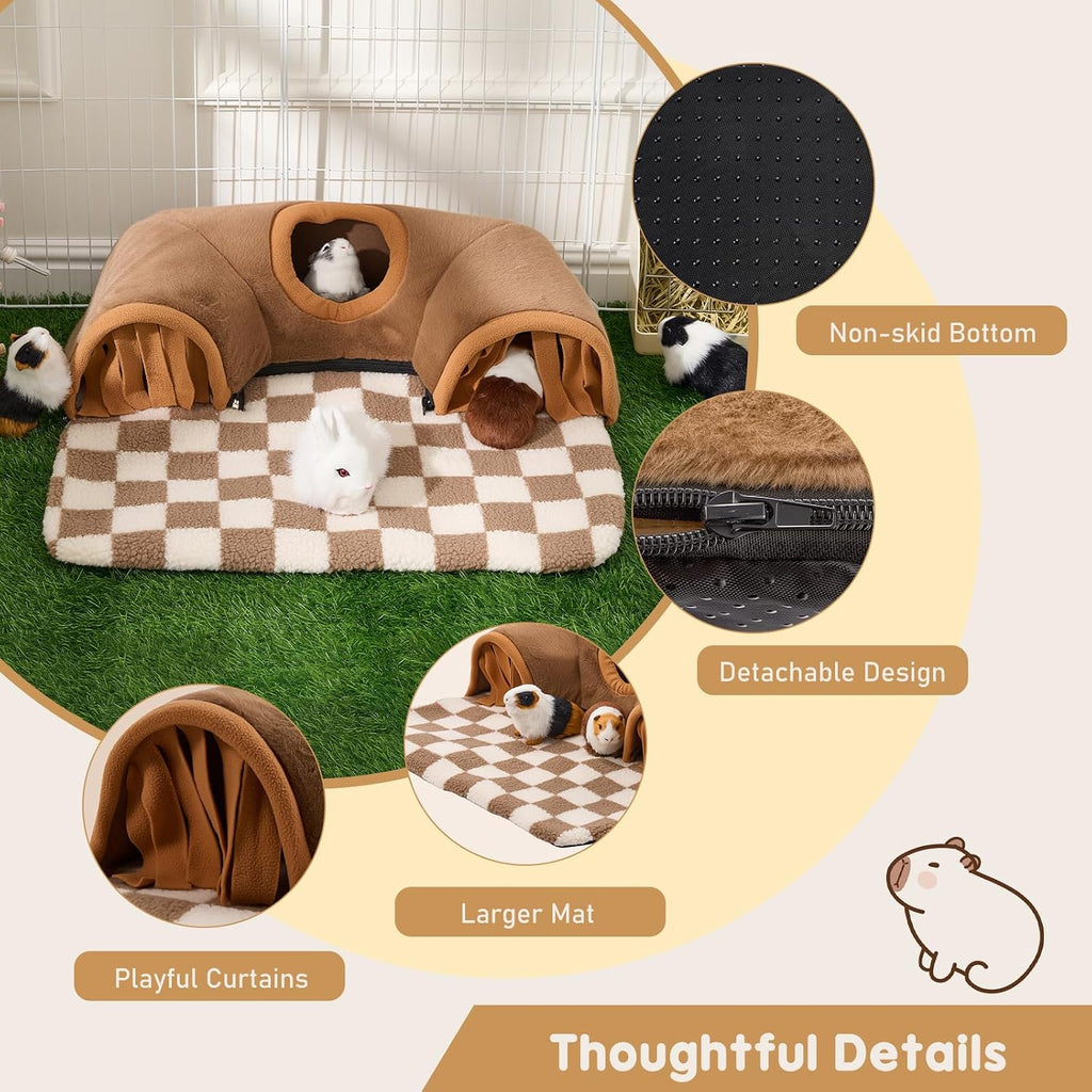 Avont Guinea Pig Tunnel Hideout House Bundle with 2 Pack Guinea Pig Hideout Bed and Tunnel Toys Set with Curtain