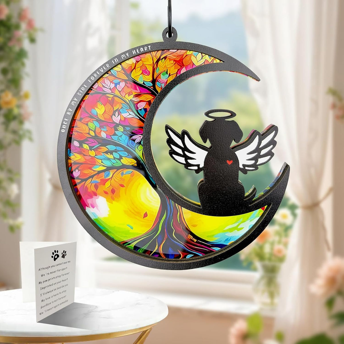 Dog Memorial Suncatcher,Pet Remembrance Gift with Sympathy Card,Tree of Life DIY Ornament for Loss of Dog(Angelic Halo)