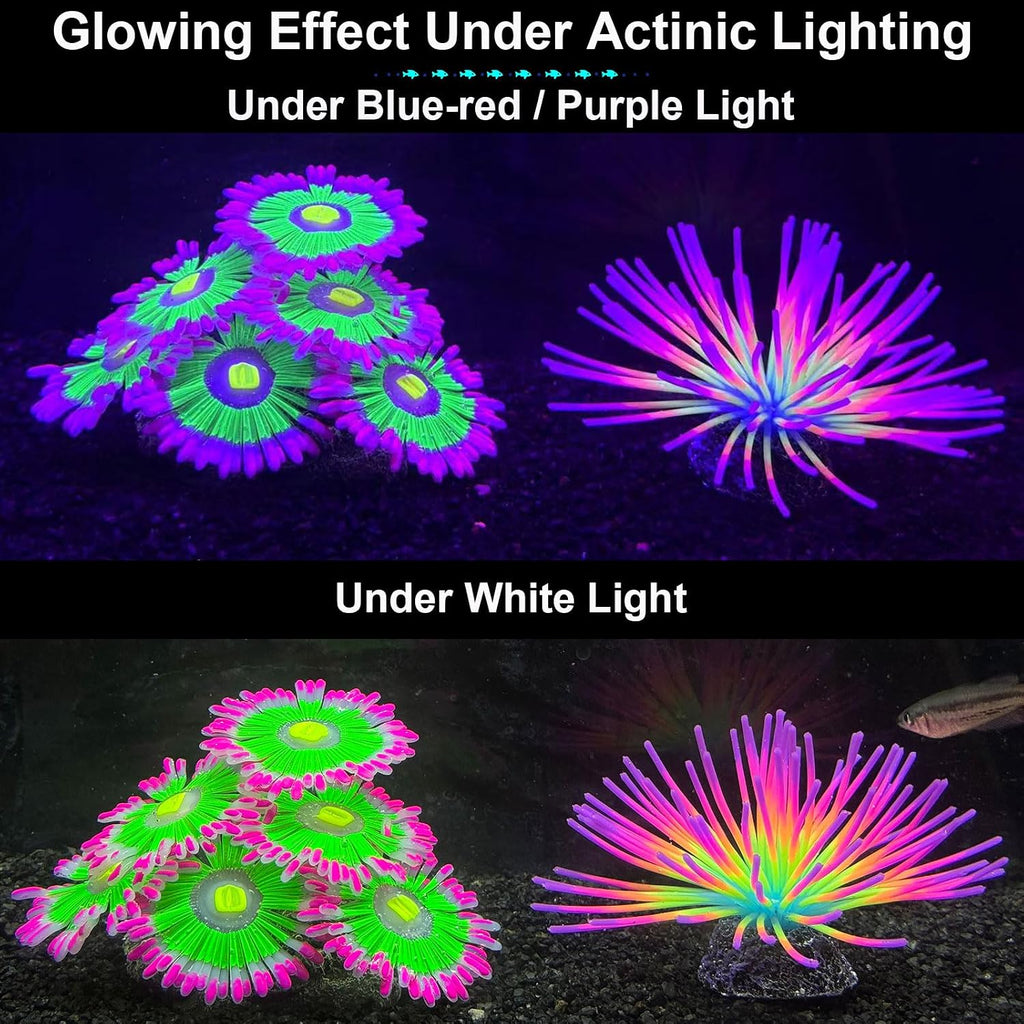 2pcs Silicone Glowing Effect Aquarium Fish Tank Decorations, Artificial Soft Anemone Coral Plants Ornaments for Aquarium Decor Landscape, Glow in Dark Fish Tank Accessories Decorations(Pink)