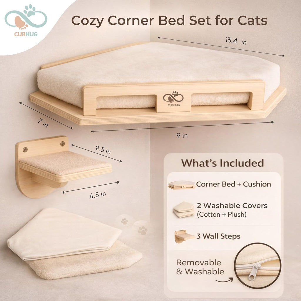 Cat Wall Shelves, Solid Wood Corner Bed, 3 Steps, Up to 25 lb, Wood