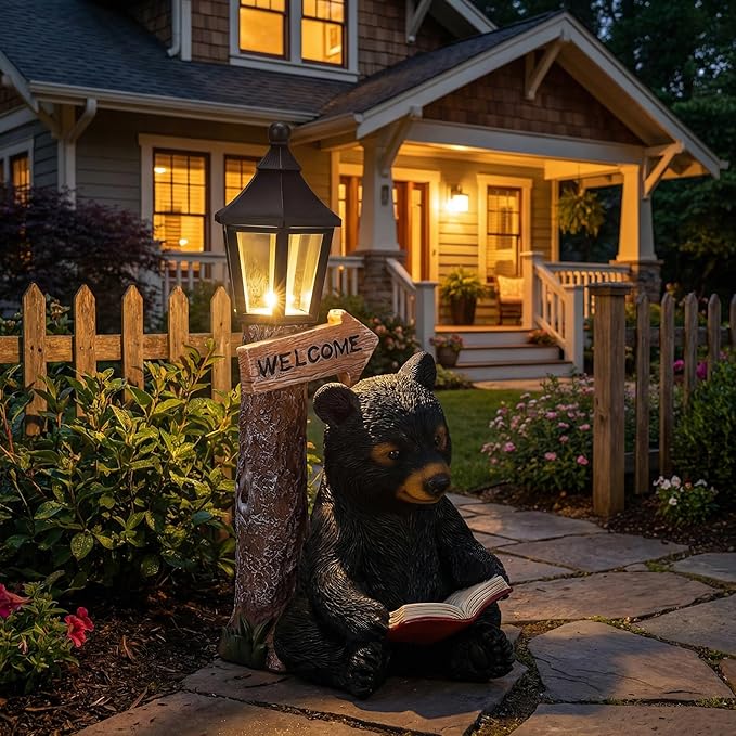 Lyeasw Garden Statues Bears, Solar Reading Bear Statue - Image 2