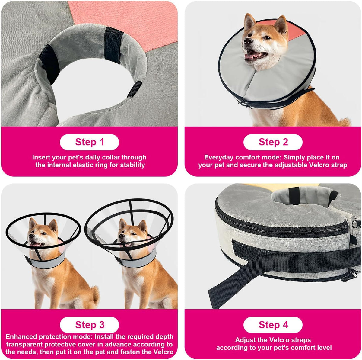 Sponge Core Dog Cat Cone Collar for After Surgery Recovery, Inflatable Dog Cone Alternative, Lainergie Dogs Donut Collar Adjustable with 2PCS Cover for Large Medium Small Dogs Cats (Grey+Pink, S)