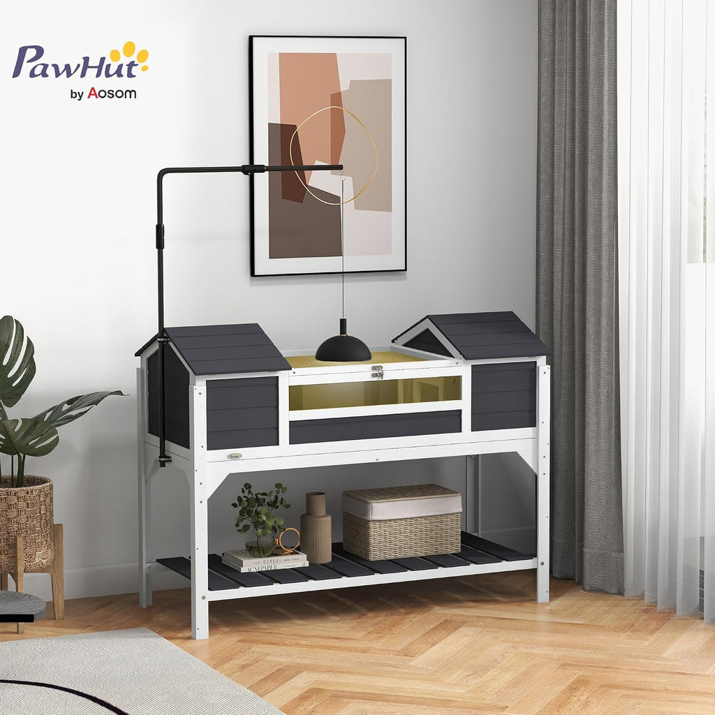 PawHut Tortoise Habitat with Adjustable Lamp Holder, Wooden Tortoise Enclosure with Storage Shelf, Dual Main Houses, Attached Tray, Openable Lid, Gray