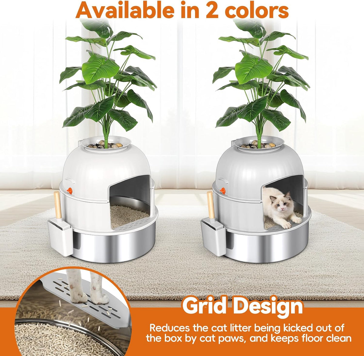 Hidden Plant Litter Box with Scoop, Stainless Steel Litter Box Plant, Grey