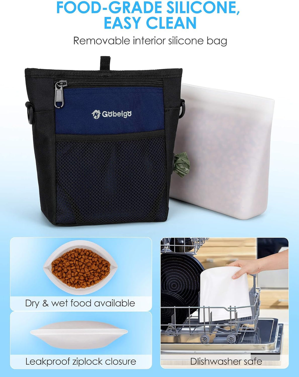 Gobeigo 4 Cup Dog Treat Pouch with Silicone Insert Bag& Clicker(Navy Blue)