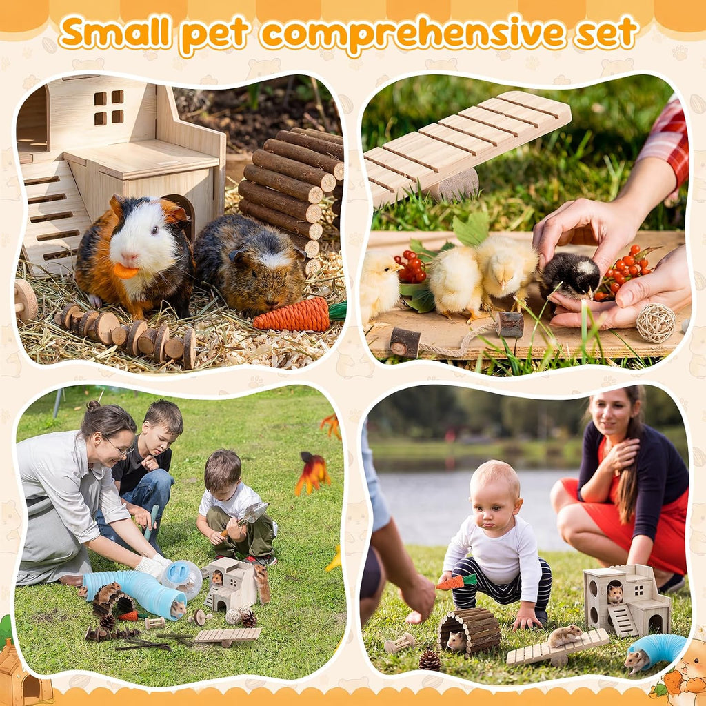 Foilswirl 17 Pcs Hamster Cage Accessory Set, Hamster Toys with Wooden House, Tunnel, Bridge, Natural Chew Toys, Playground Kit for Hamsters, Gerbils, Small Animals