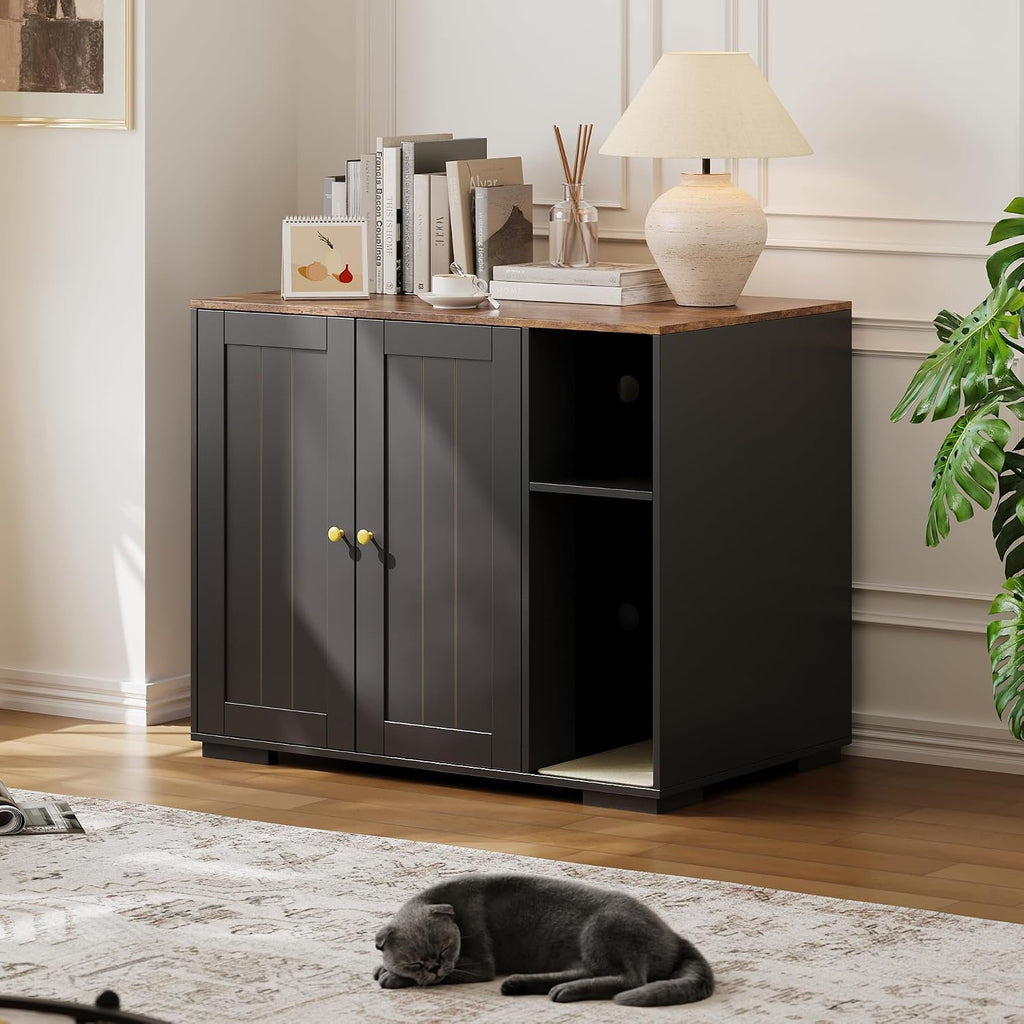 Hidden Cat Litter Box Enclosure – Dog-Proof Large Cabinet with Mark-Resistant Pad, Power Outlet & Storage – Discreet Indoor Cat Bathroom Furniture for Self-Cleaning Units – Black