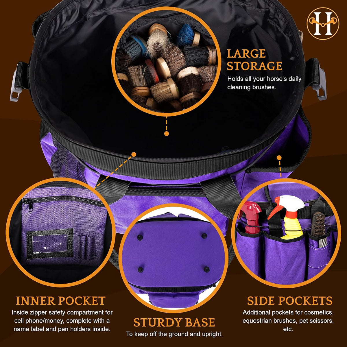 Huntley Equestrian Deluxe Grooming Bag Perfectly Designed Easy Access Multi Pocket Zipper Top Closure Double Handles Shoulder Strap Exterior Pockets - Purple