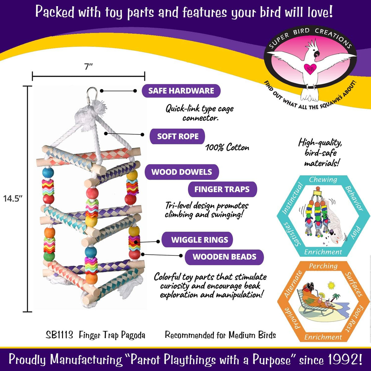 Super Bird Creations SB51113 Finger Trap Pagoda Bird Toy - Satisfies Chewing for Canary Finch Parrotlets Cockatiels - Vibrant Design with Cotton Rope, Beads, & Rings - Medium Size Birds, 14.5"x7"x7"