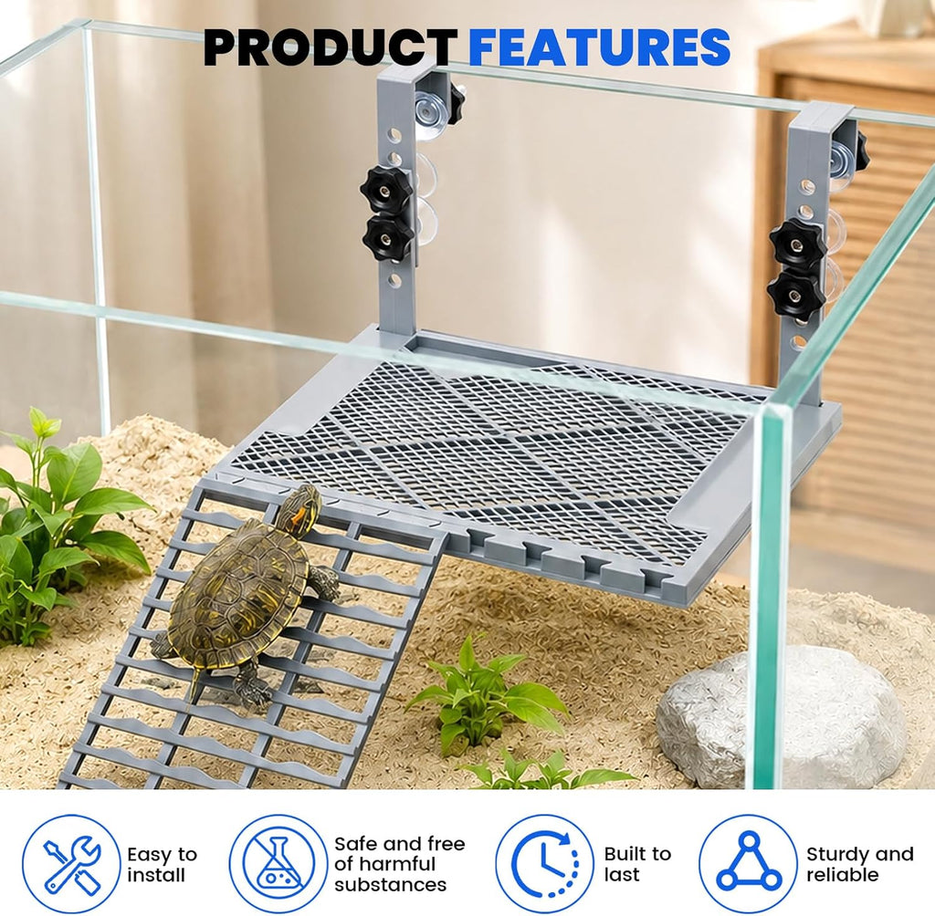 Hanging Turtle Basking Platform with Food Tray, Non-Slip Ramp