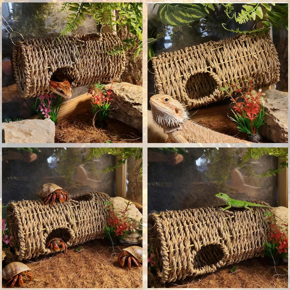 Reptile Hide Cave,Natural Seagrass Bearded Dragon Hammock Hideout,Round