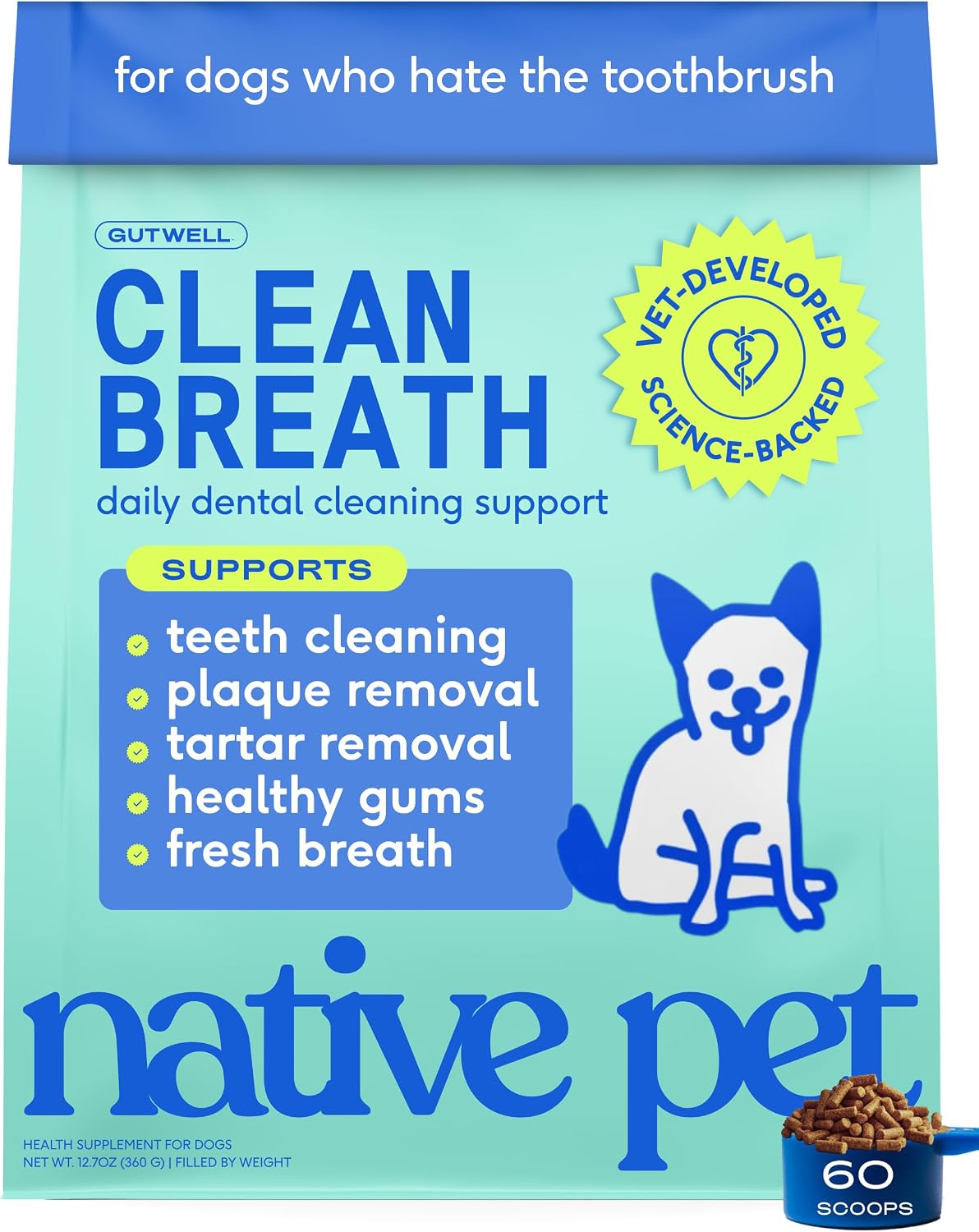 Native Pet Clean Breath Dog Dental Care - Teeth Cleaning for Fresh Breath, Clean Teeth & Healthy Gums - Tartar and Plaque Remover - Dog Breath Freshener - 60 Scoops