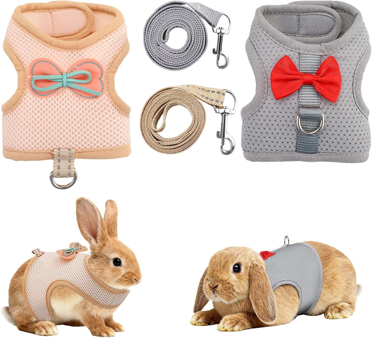 2-Pack Polyester Rabbit Harness and Leash Set - Escape-Proof Adjustable Small Animal Harness with 47.2in Leash and Rotatable D-Ring (Khaki+Deep Space Grey S, S)