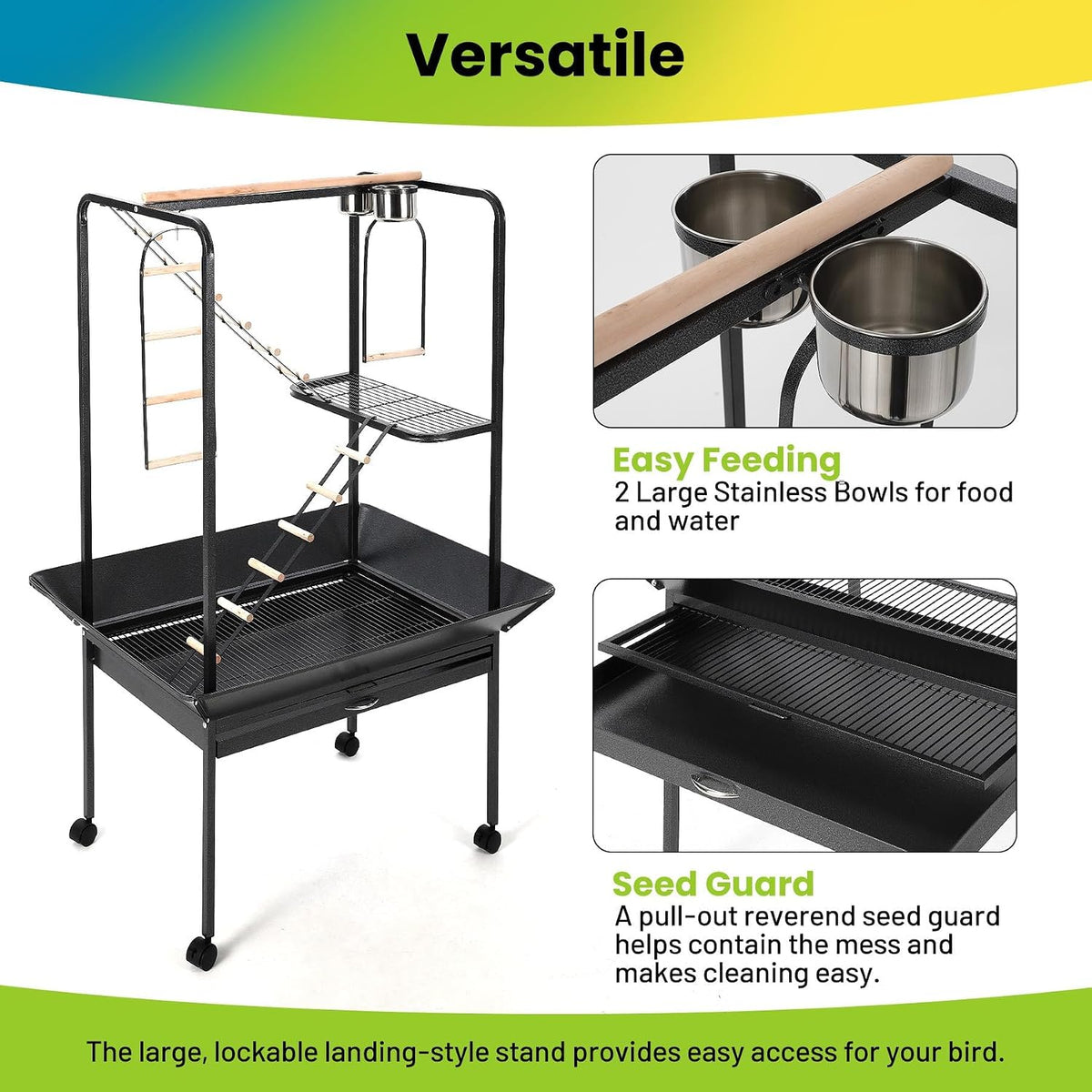 Versatile Bird Cage Stand with Wheels – Perches & Ladders, Black Hammer Finish Finish – Indoor/Outdoor Parrot Playstand for Conures, Macaws, Budgies, Cockatiels, Lovebirds, Parakeets