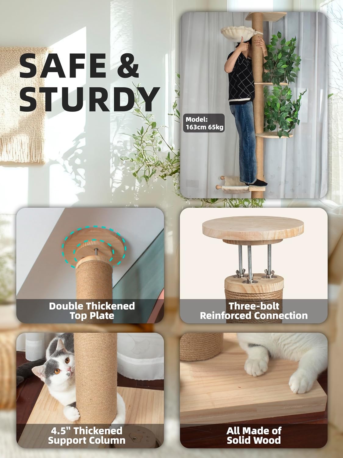 Floor to Ceiling Cat Tree Adjustable 97-124'' Tall for Indoor Cats