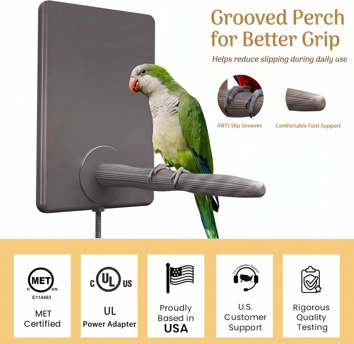 Bird Heater, 2-in-1 Heated Bird Perch & Warming Panel, Safety Listed, Gray