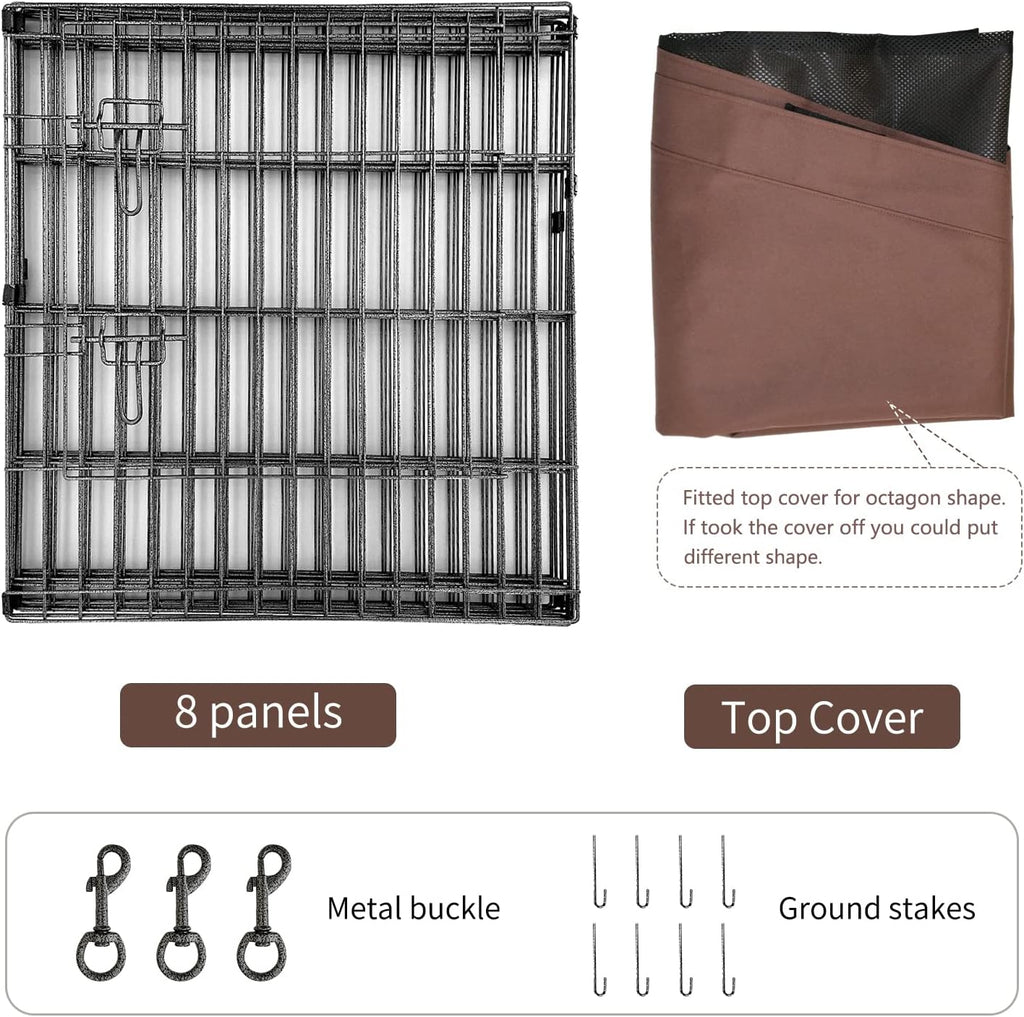 NEZUC Foldable Metal Dog Exercise Playpen Gate Fence Dog Crate 8 Panels 24 Inch Height Puppy Kennels with Top Cover/Bottom Pad for Animals Outdoor Indoor (Playpen+Top Cover, Brown, 24" H)