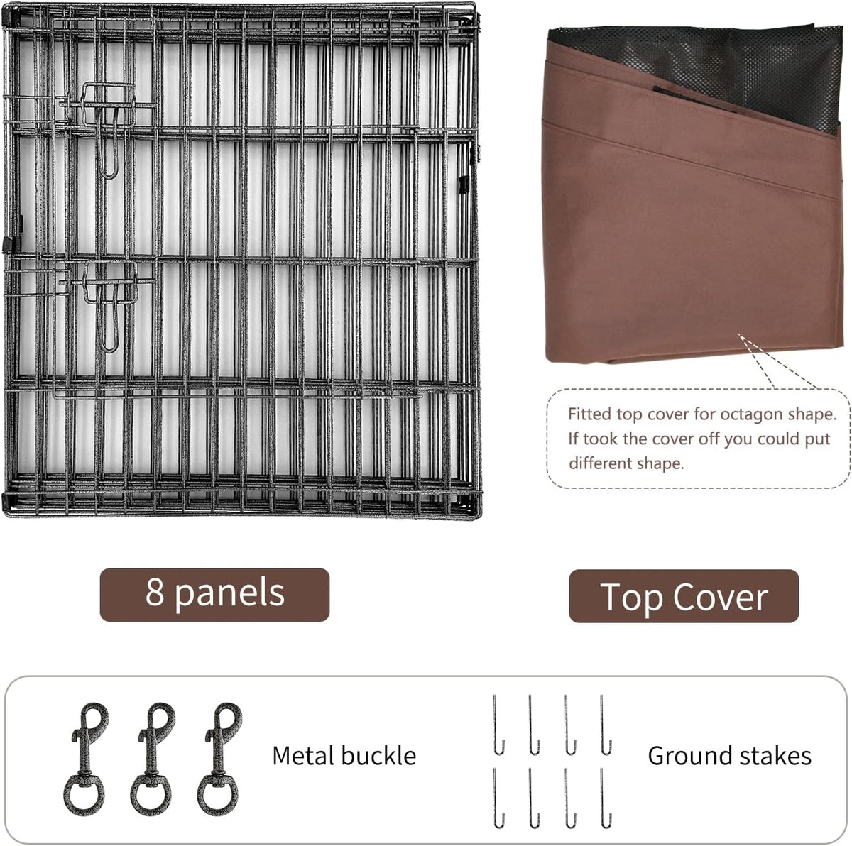 NEZUC Foldable Metal Dog Exercise Playpen Gate Fence Dog Crate 8 Panels 24 Inch Height Puppy Kennels with Top Cover/Bottom Pad for Animals Outdoor Indoor (Playpen+Top Cover, Brown, 24" H)