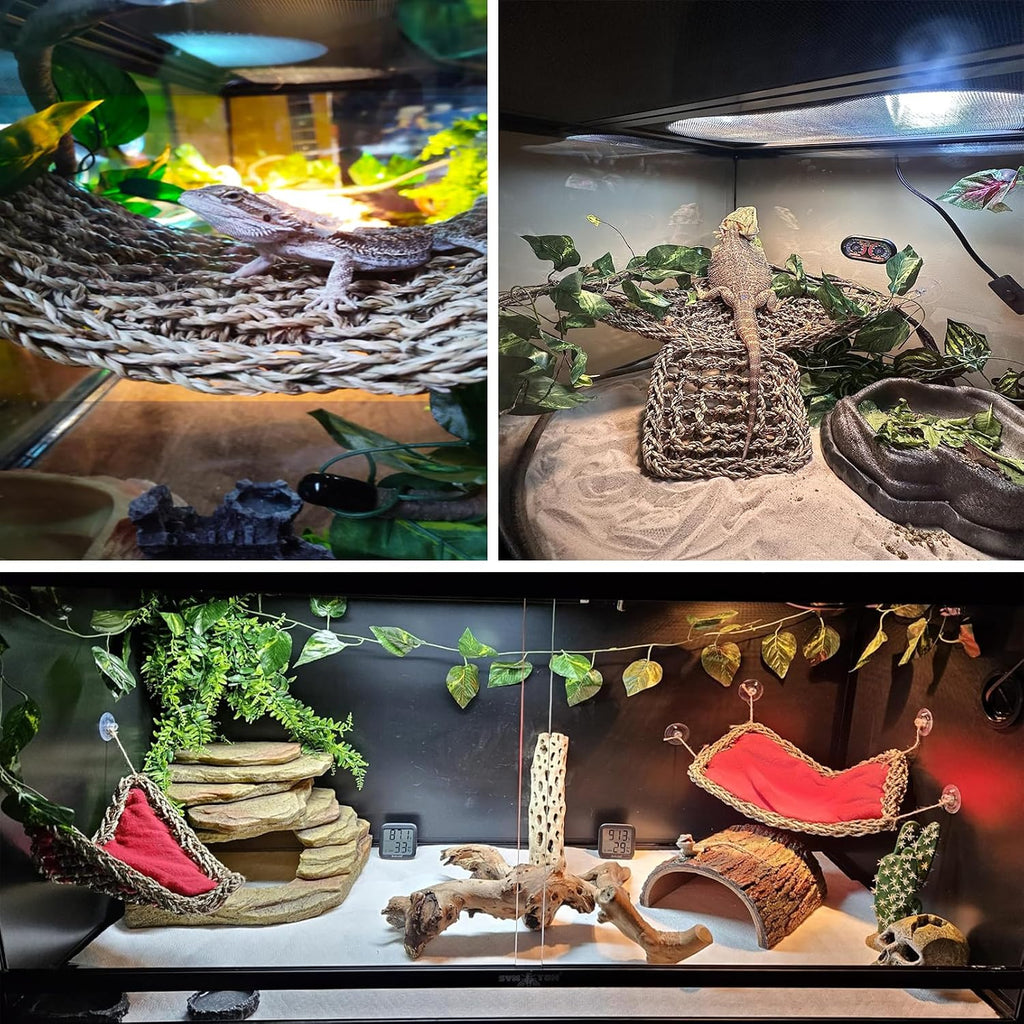 Reptile Hammock,Large Lizard Lounger,Bearded Dragon Tank Accessories Natural Seagrass Hammocks Hanging Flexible Climbing Vines Decoration for Gecko Snakes Chameleon(4 PCS)