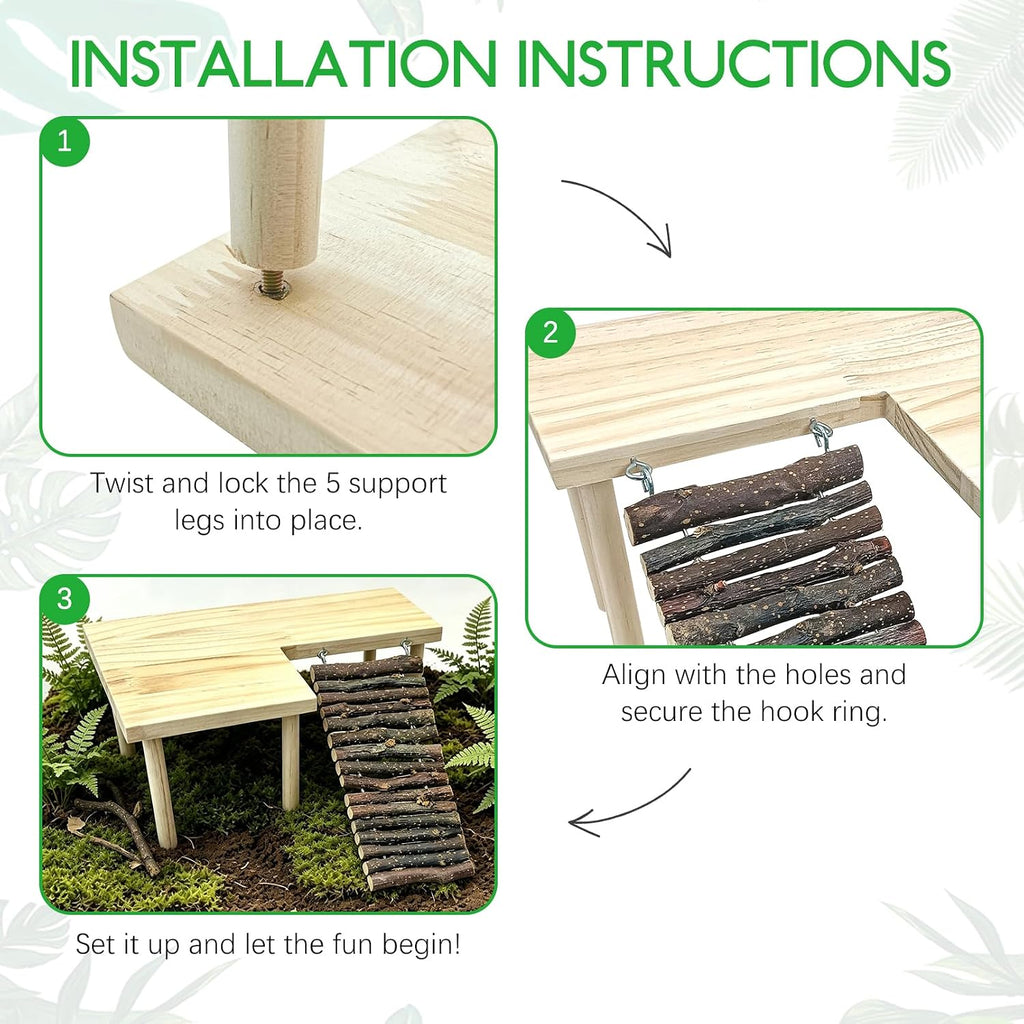 BNOSDM Wooden Basking Platform with Climbing Ramp Reptiles Hideout Bearded Dragon Hide Cave Reptile Tank Accessories Suit for Tortoise, Lizard, Toad, Gecko (L-Shaped)