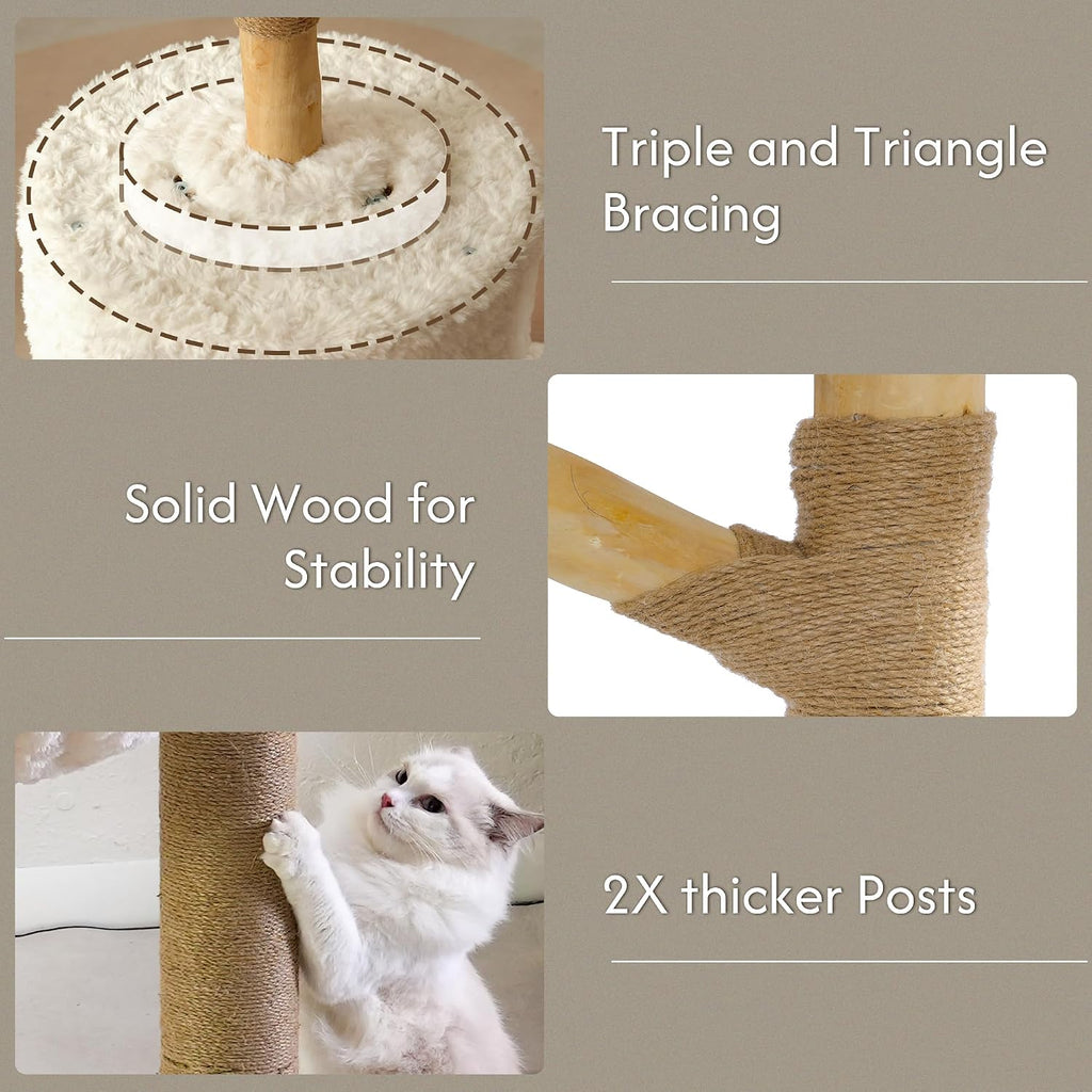 Moewrista Modern Cat Tree with Hammock 48.5 Inches Cat Tower with Scratching Post,Featuring Real Wood Post,Large Rattan Basket, Spacious Flower Perch and Condo for Indoor Cat Large Adults-Beige