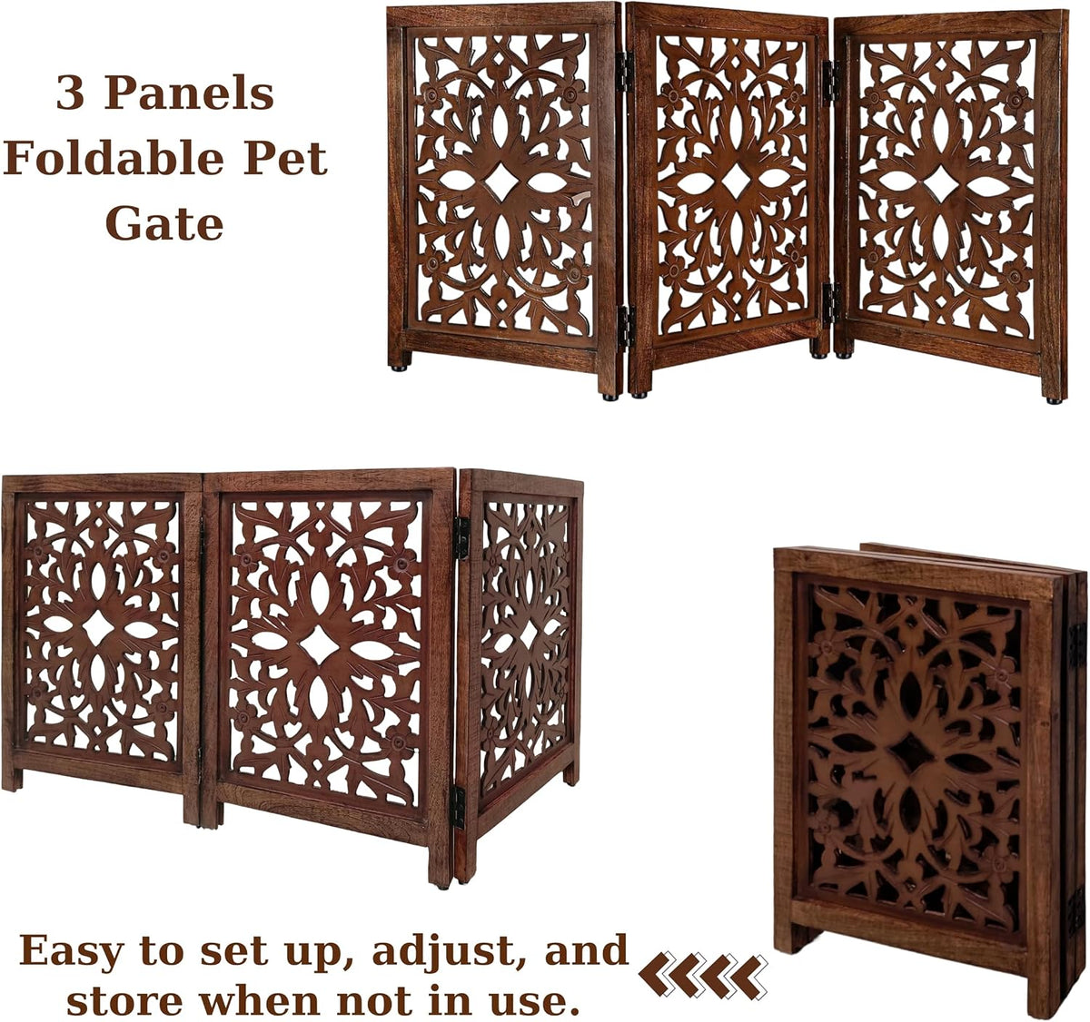“Lightnpro Wooden Pet Gate – Decorative Carved Foldable Dog Fence, Extra-Wide Freestanding Indoor Safety Gate for Small Dogs – 24x54 Inch Natural Burnt Finish”