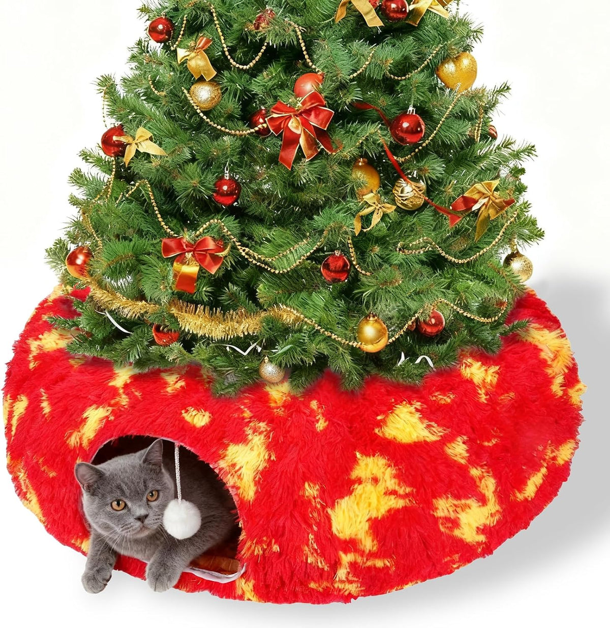 TIMIEEYA Cat Tunnel Christmas Tree Skirt - Christmas Cat Toy Circle Tunnel with Toy Ball, Soft Plush Multifunctional Decorative Cats Tunnels Bed for Indoor Cats(Red)