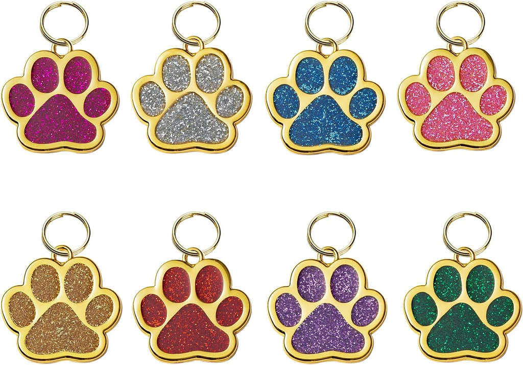 Pet ID Tag, 8 PCS Glitter Paw Print Pet ID Tags Personalized Dog Name Tag with 8 PCS Key Rings for Cats Dogs Puppy, Paw Shape