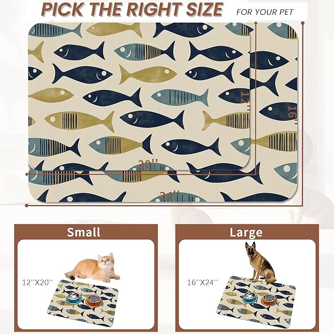 Fish Boho Dog Food Mat for Floors, Ocean Absorbent Quick-Dry Pet Feeding Mat - Image 2