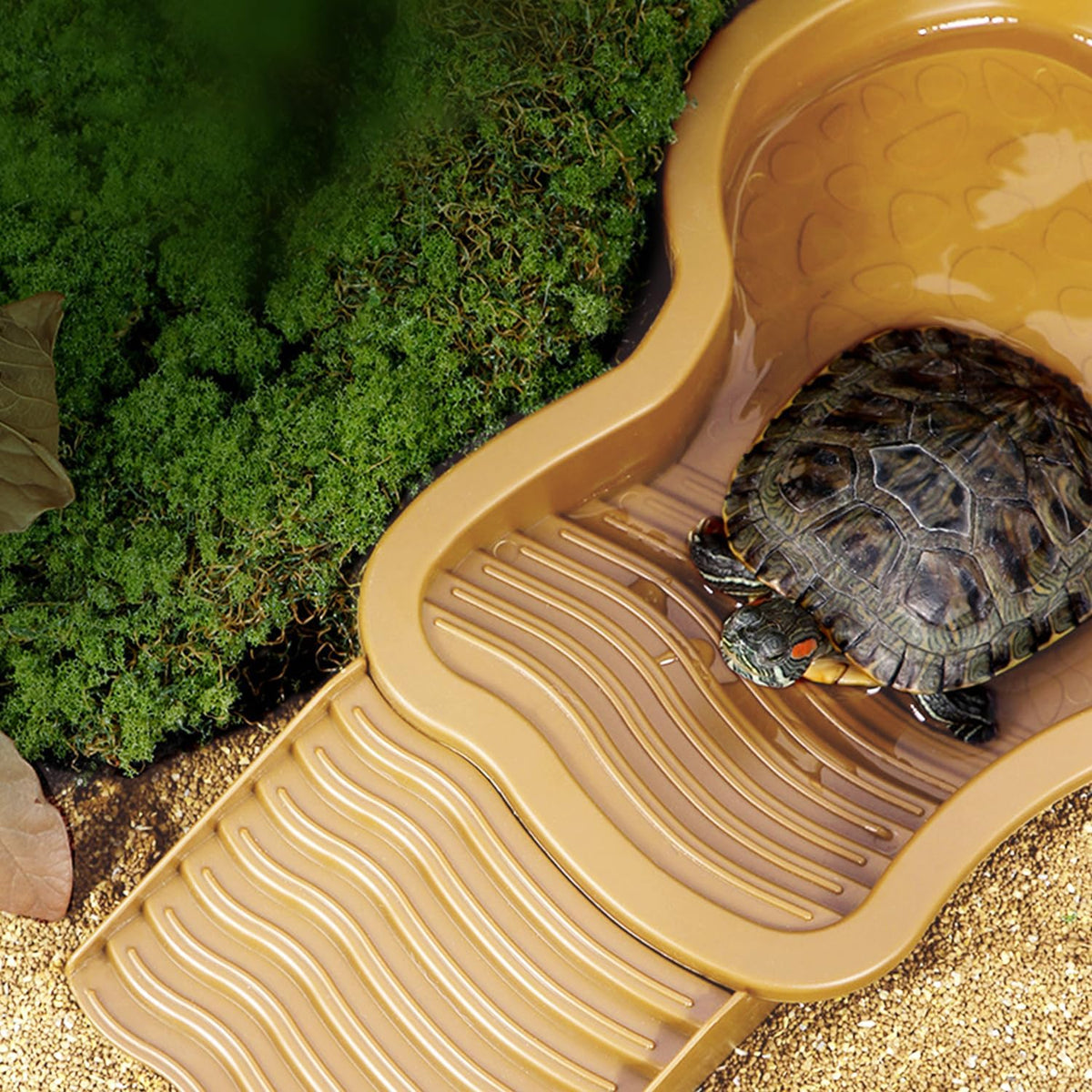 3PCS Tortoise Habitat Accessories, Creature Bathing Pool with Ramp & Basking Area, 2PCS Simulation Tree Stump Feeding Dish for Turtle Gecko Frog Semi-Aquatic Species (Yellow)