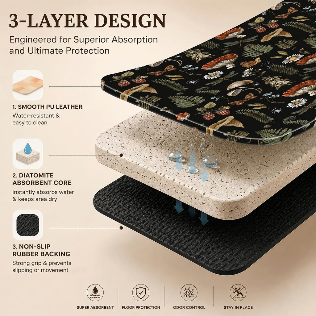 Diatomite Pet Feeding Mat, Absorbent PU Leather Dog Cat Bowl Mat for Smart Fountains Messy Drinkers, Non-Slip Multi-Layer Floor Protector,20x12in(Mushroom Forest Pattern)