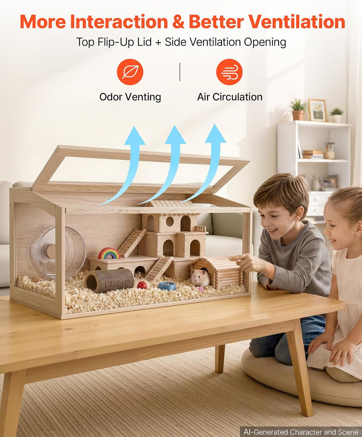 VEVOR Wooden Hamster Cage 40.1"x20.4"x20.1" 270° Viewing Hamster Habitat, Chewproof Acrylic Small Animal Cage with Openable Top, Large Pet Enclosure for Syrian/Dwarf Hamsters, Guinea Pigs & Gerbils
