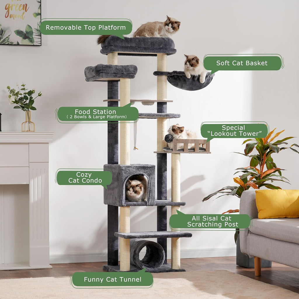 Gitelsnour Cat Tree Tower with Tunnel & Food Station, Wooden Perch GCT021G