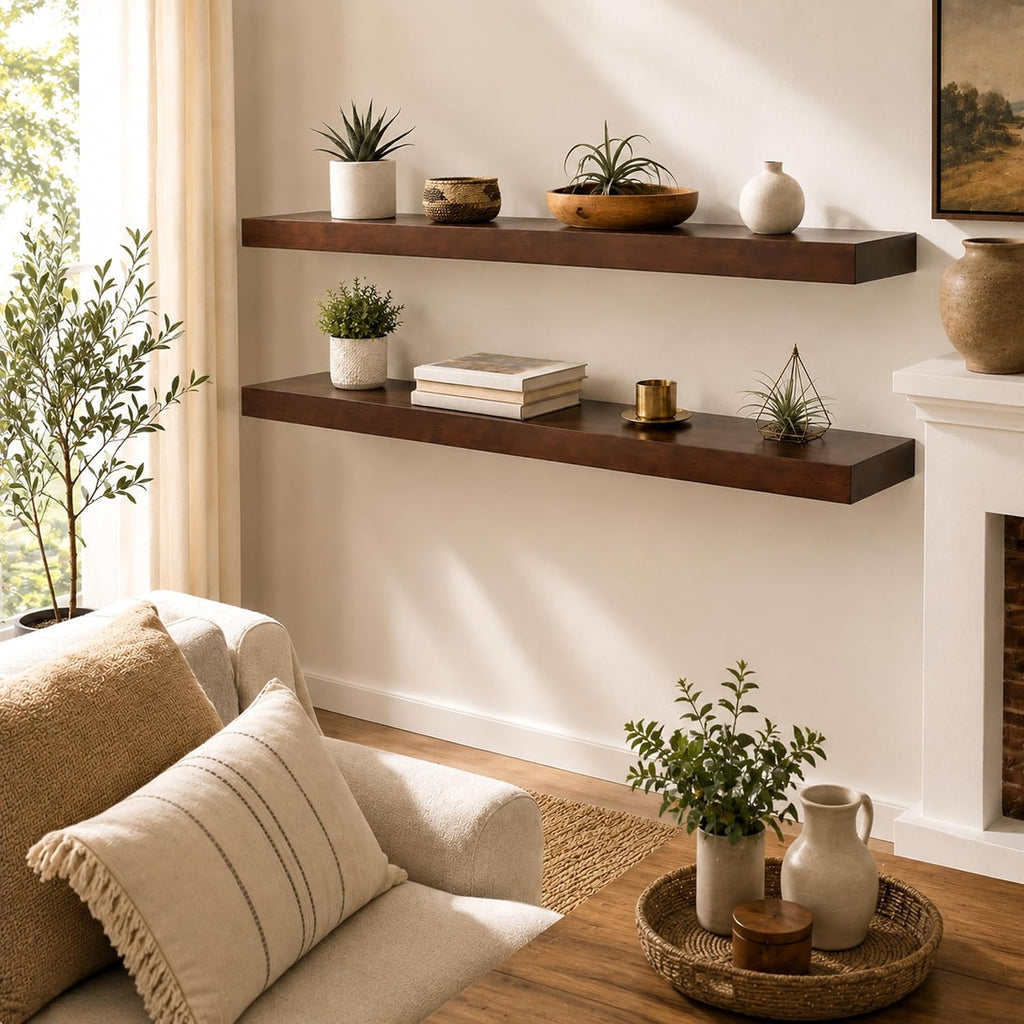 foxsky 48 Inch Long Walnut Floating Shelves for Wall, Solid Wood Shelf