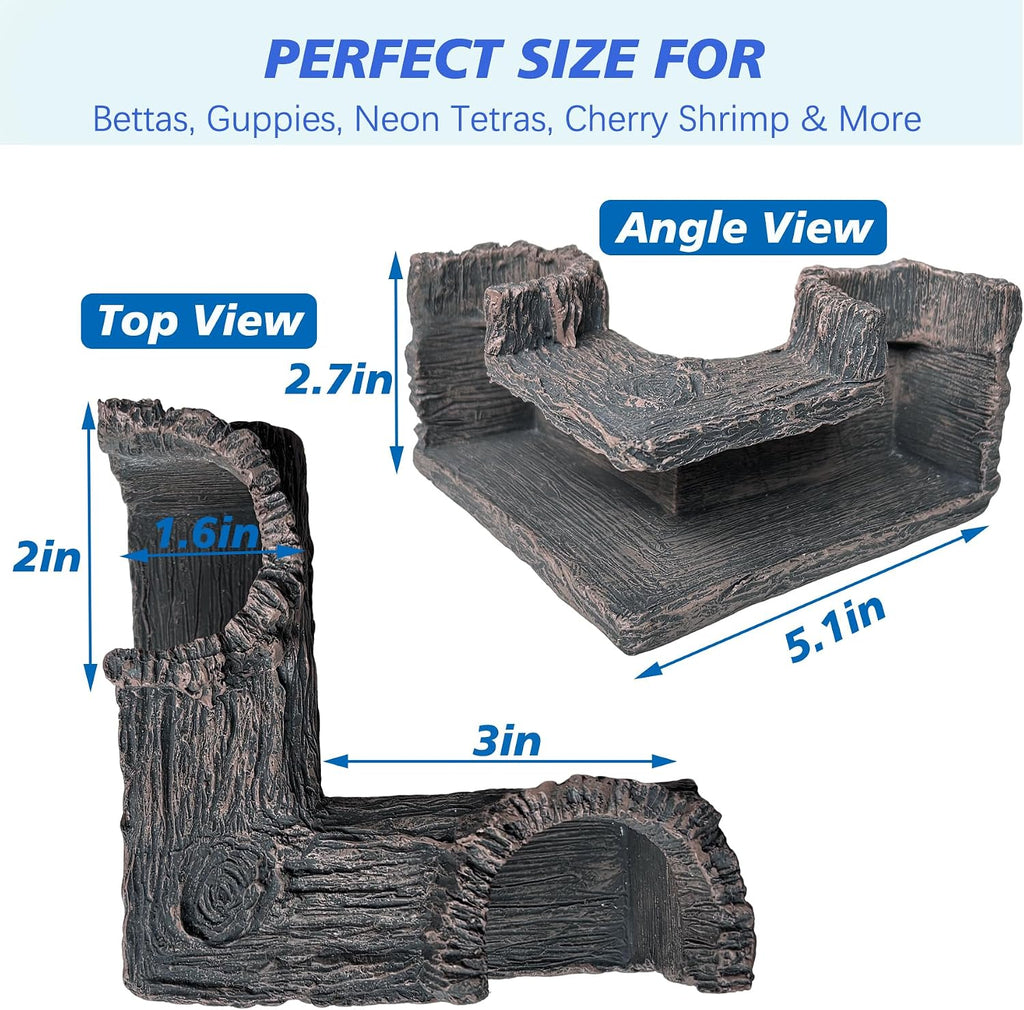 Fish Tank Decorations, 5.1" x 2" x 2.7" Resin Tree Bark Dual-Hole Aquarium Cave, Perfect Hiding Spot for Guppies, Neon Tetra, Cherry Shrimp