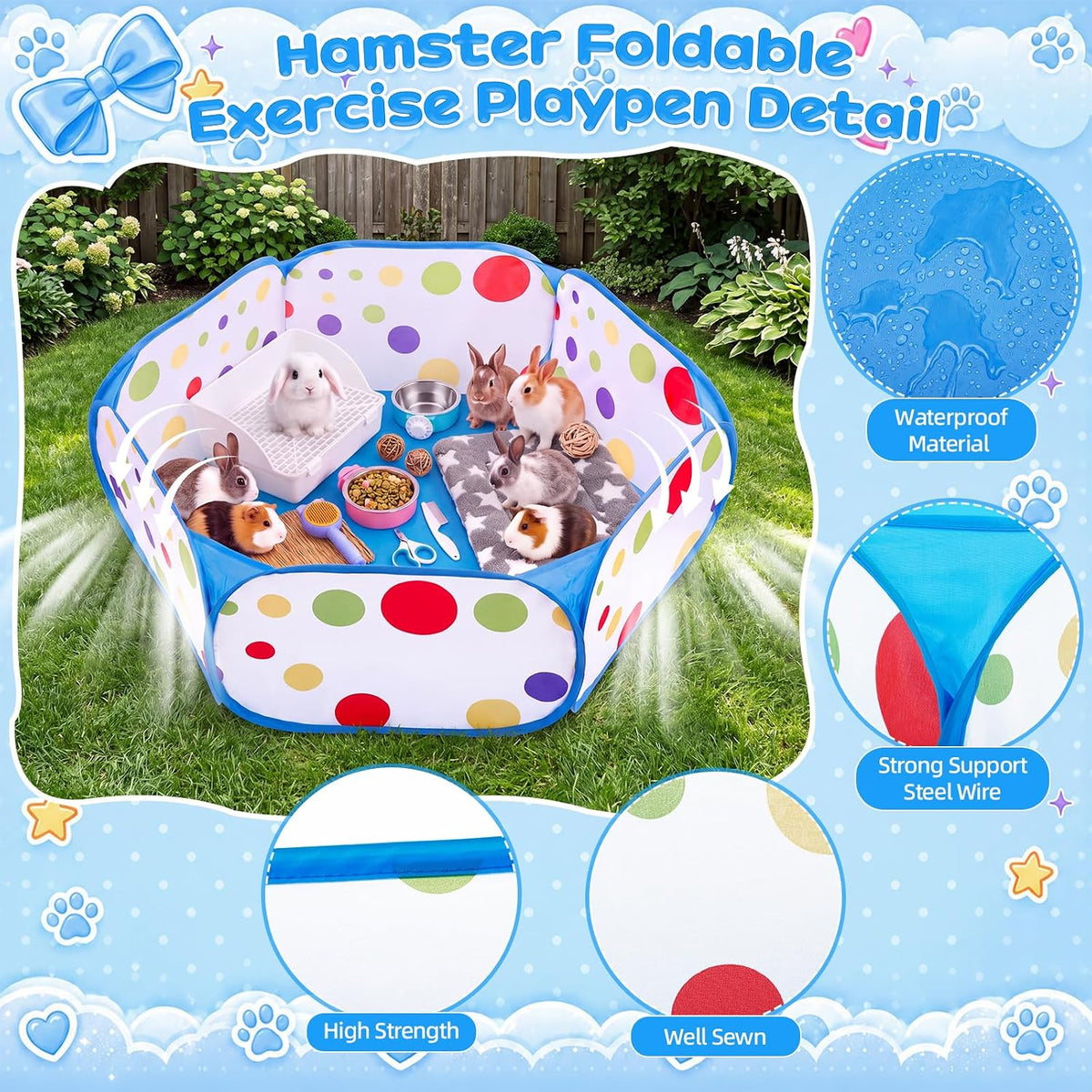 12 Pcs Bunny Starter Kit Gift, Bunny Grooming Set, Blue, Dot